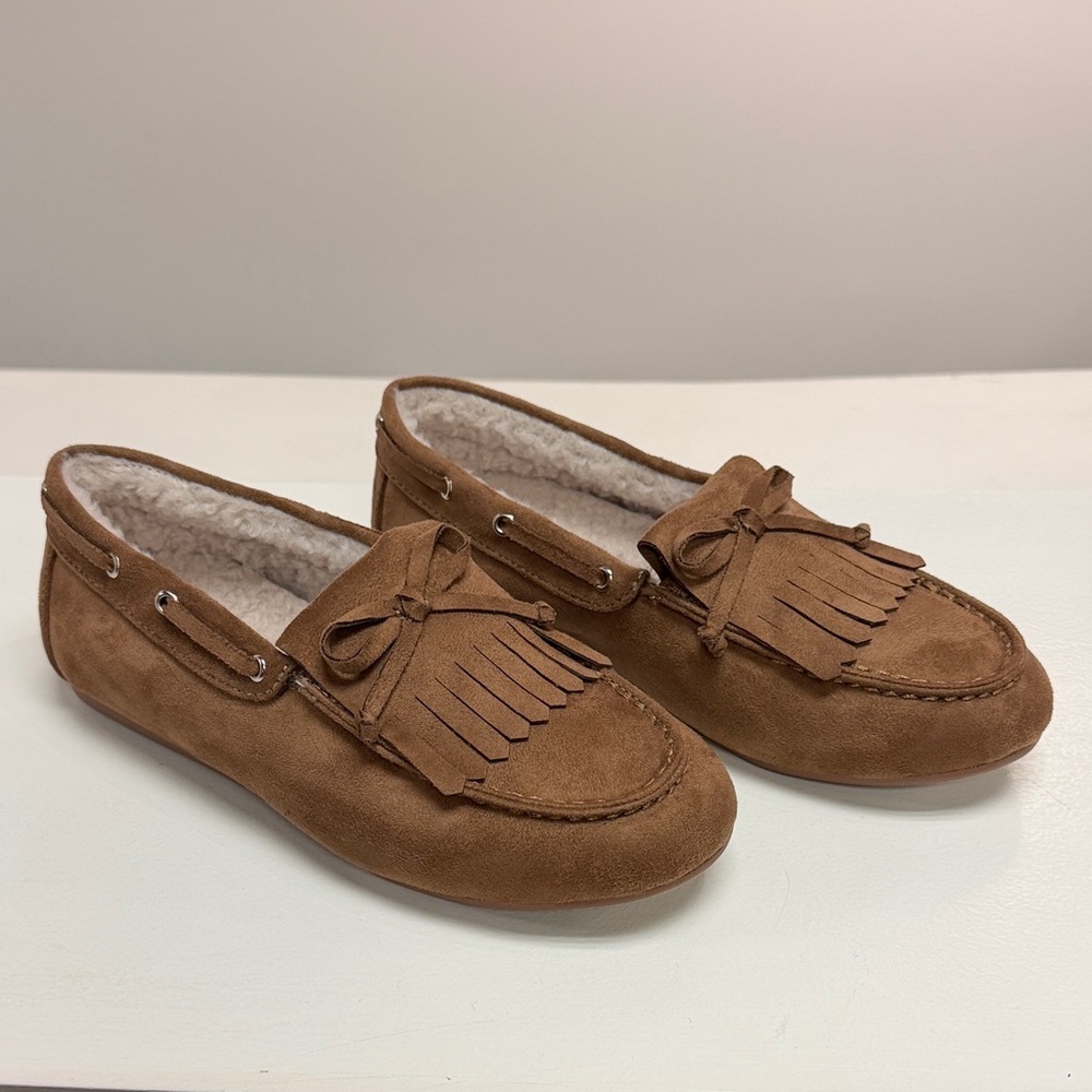 Brown Suede Moccasin Flats with Fringe